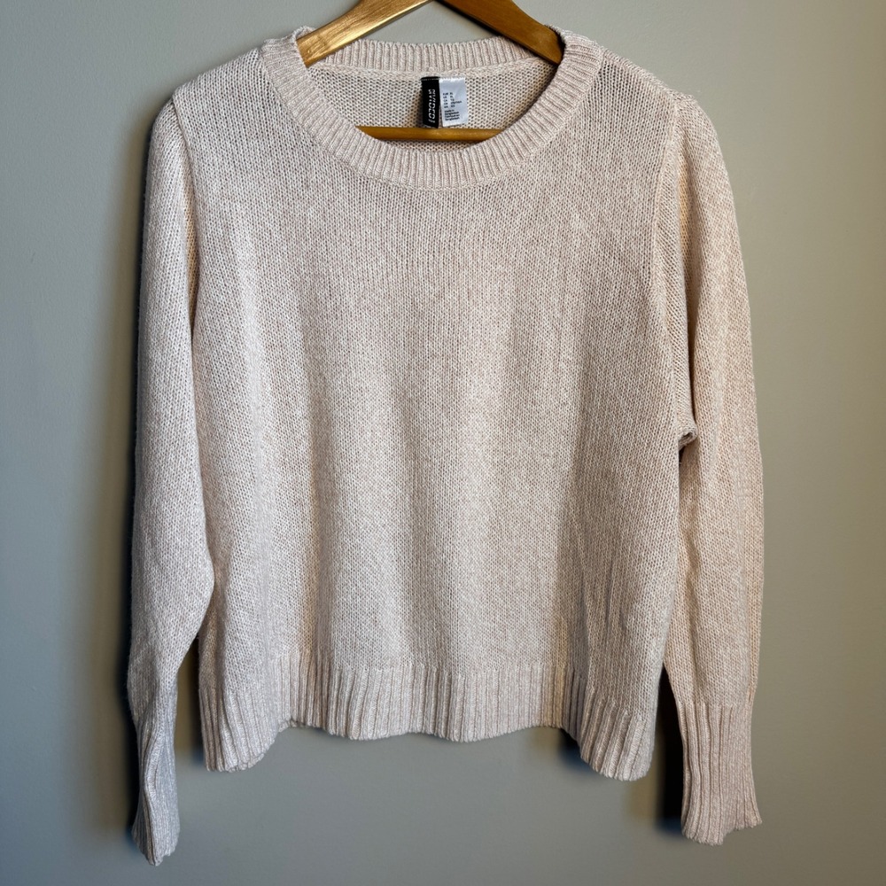 Divided H&M Women's Crew Neck Long Sleeve Knit Sweater Cream Pink XL Cropped